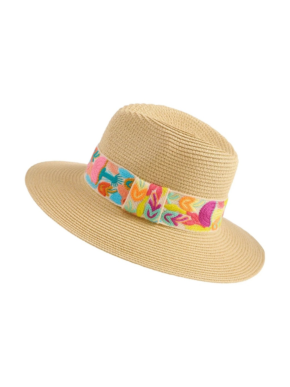 Shiraleah Beige Straw Hat with Multicolor Embroidered Band